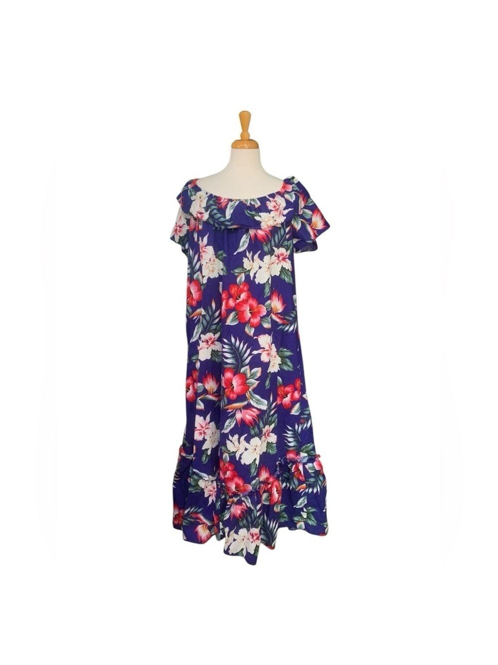 Vintage 80’s 100%Colton blue floral ruffle off shoulder Hawaiian maxi dress sz L